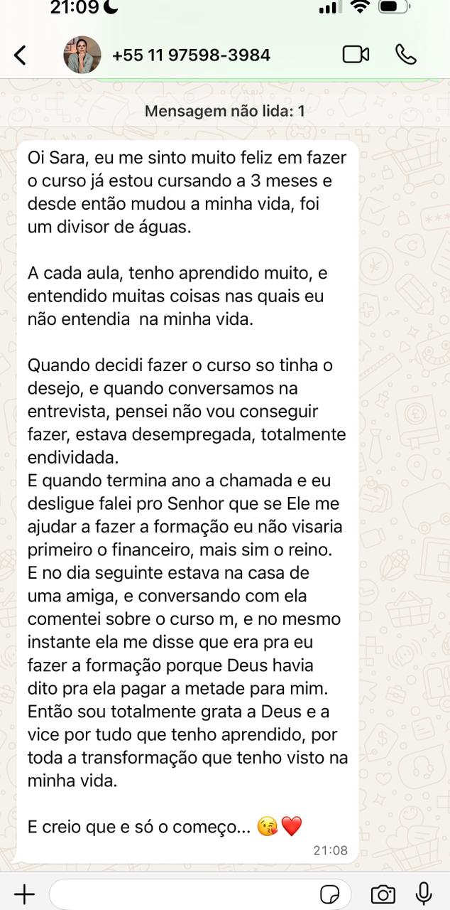 Depoimento de aluna em mensagem de WhatsApp