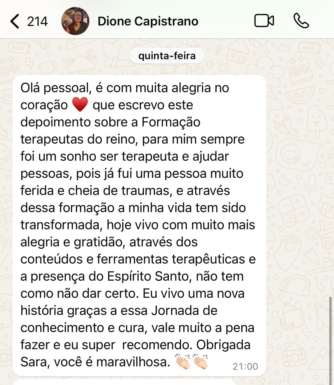 Depoimento de aluna em mensagem de WhatsApp